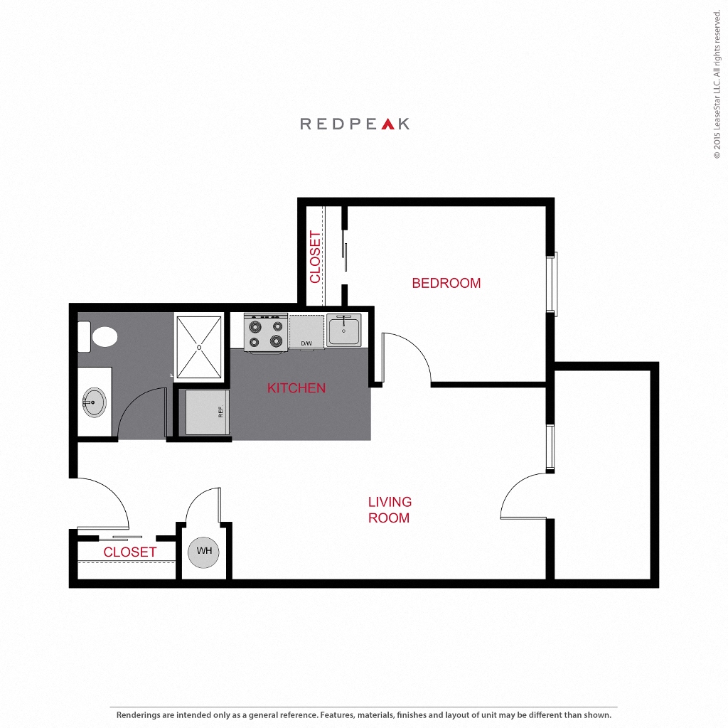 Floor plan for 1 bed, 1 bath, 508 sqft